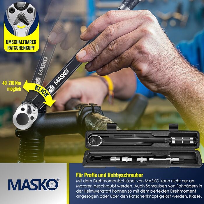 Набір динамометричних ключів MASKO 6 шт, 40-210 Нм, 1/2'' з насадками 17/19/21 мм, подовжувачем 125 мм, рукавицями, кейсом, для авто, чорний