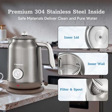 Електричний чайник з нержавіючої сталі з термоіндикатором, 1.7 л, Vintage, з автовимкненням та захистом від сухого кипіння – ідеальний для чаю та кави в сім'ї (Chrome)