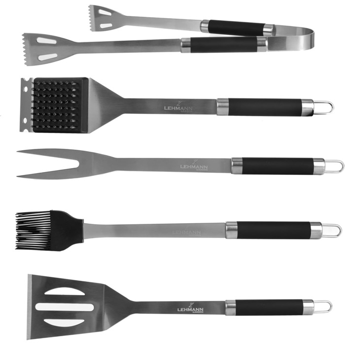 Набір гриль-посуду Lehmann з нержавіючої сталі в кейсі | Комплект аксесуарів для гриля з лопаткою, виделкою та щипцями | Ідеальний подарунок для чоловіків та жінок