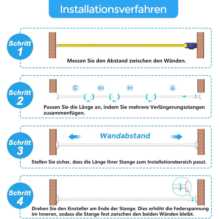 Штанга для карнизів AIZESI без свердління, 100-230 см, Ø 25 мм, телескопічна, для кріплення - регульована штанга для вікон, душу, балкону (білий, 81-158 см)