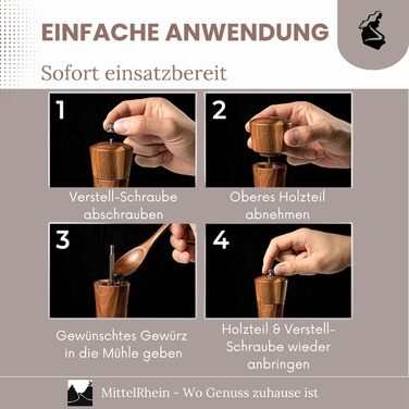 Дерев'яна мельниця для солі та перцю LORELEY® Mittelrhein Germany з керамічним жорном – з підставкою та пензлем – подарункова упаковка. Ідеальний подарунок на весілля або новосілля (Luxury Holz)