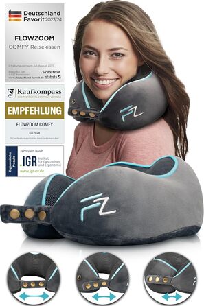 Подушка для шиї FlowZoom Comfy: регульована, з memory foam, для подорожей (літак, авто)