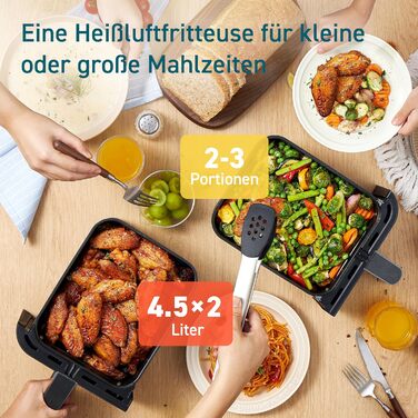 Фритюрниця з двома камерами COSORI Airfryer 8,5 л, 8-в-1, подвійна зона, з віконцем, енергозберігаюча, для 1-5 осіб, чорна