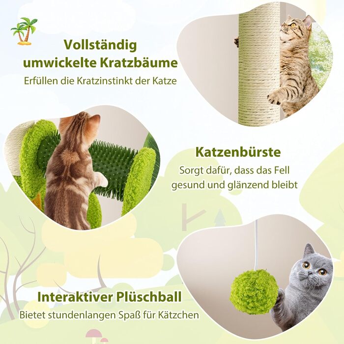 Дряпальня для котів COSTWAY 97 см з печерою та лежанками, кігтеточка з сизалевого мотузка та дерев'яною основою, зелено-бежева