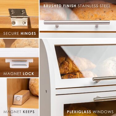 Бредониця Arise з вентиляцією, велика для зберігання хліба, 2 полиці та вікно, дерев'яна для хліба, булок, зберігання. 40 x 26 x 37, бамбук White, самостійна збірка