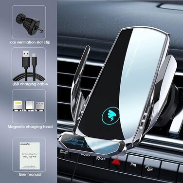 Бездротовий автомобільний зарядний пристрій AmazeFan 15W Qi, тримач для телефону, 360° обертання, сумісний з iPhone, Samsung, Huawei та іншими.