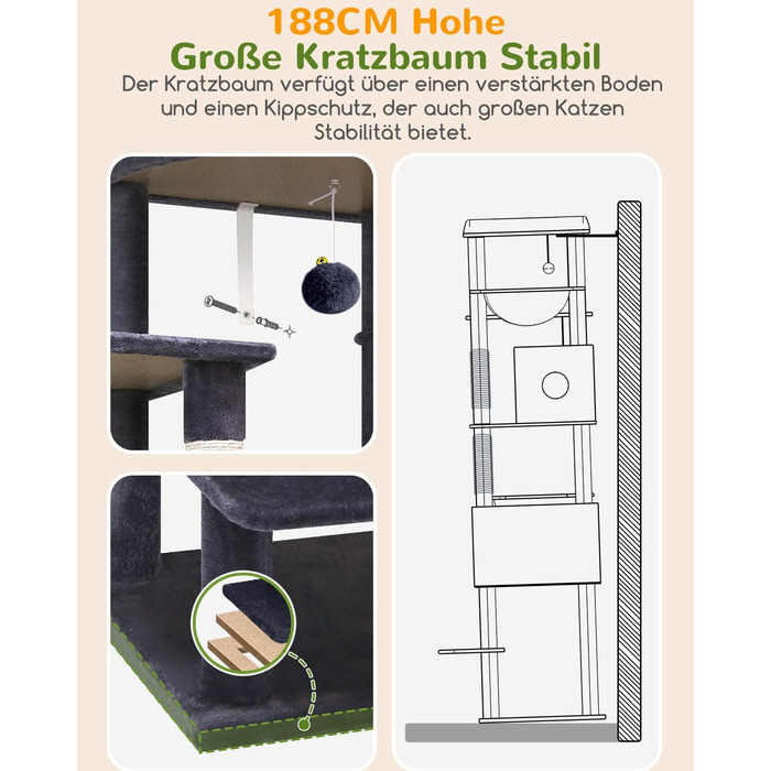 Драбина для котів Globlazer XXL, 188 см, з будиночком, платформами та кошиками. Стабільна, не хитається, для великих котів. Темно-сірий колір