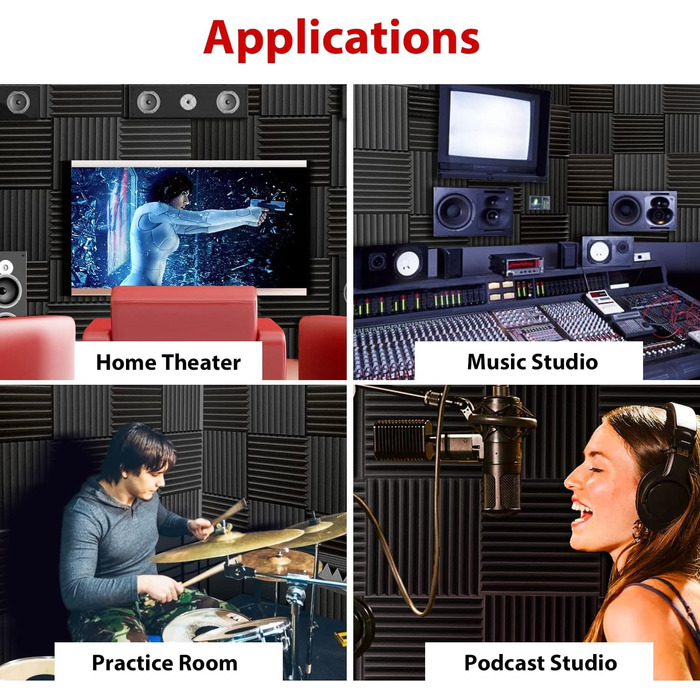 Акустичний поролон Foneso для звукоізоляції, панелі-поглиначі шуму 30x30x5 см, висока щільність 25кг/м³, 3D шумопоглинаючі плити для студії, офісу та кімнати запису, чорний (52 шт, з клейкою стрічкою)