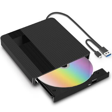 Зовнішній USB 3.0 Type-C CD/DVD привід-записувач (DVD +/-RW), портативний для ноутбука, ПК та Mac (Windows, Linux, macOS), чорний