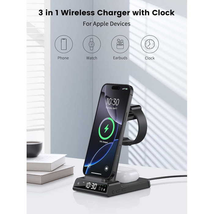 Зарядна станція 3-в-1 для Apple: iPhone 16/15/14, Apple Watch 10/9/8/7/6/SE та AirPods Pro/4. Бездротова зарядка