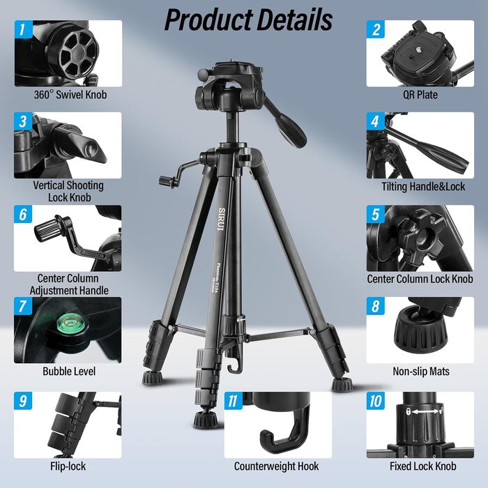 Штатив для камери SIRUI 154 см, алюмінієвий трипод з кріпленням для телефону, максимальне навантаження 5 кг