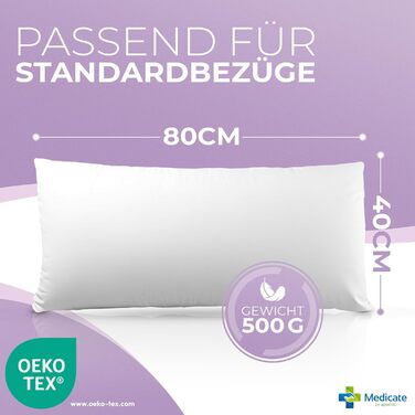 Medicate Lavender Pillow 40x80 with Down – Washable Pillow 40x80 up to 40 Degrees - Pillow for Every Sleeping Position – Down Pillow Made in Germany 40 x 80 cm