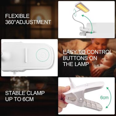 LED-лампа для читання на прищіпці, USB-зарядка, 3 режими кольору, регулювання яскравості, захист очей, 360° гнучка, для читання в ліжку, офісі, в подорожах