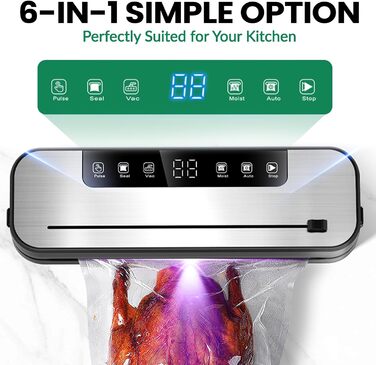 Професійний вакуумний пакувальник 6-в-1 для продуктів харчування з 50 пакетами та шлангом, 75Kpa, автоматичне закриття з різаком та цифровим таймером