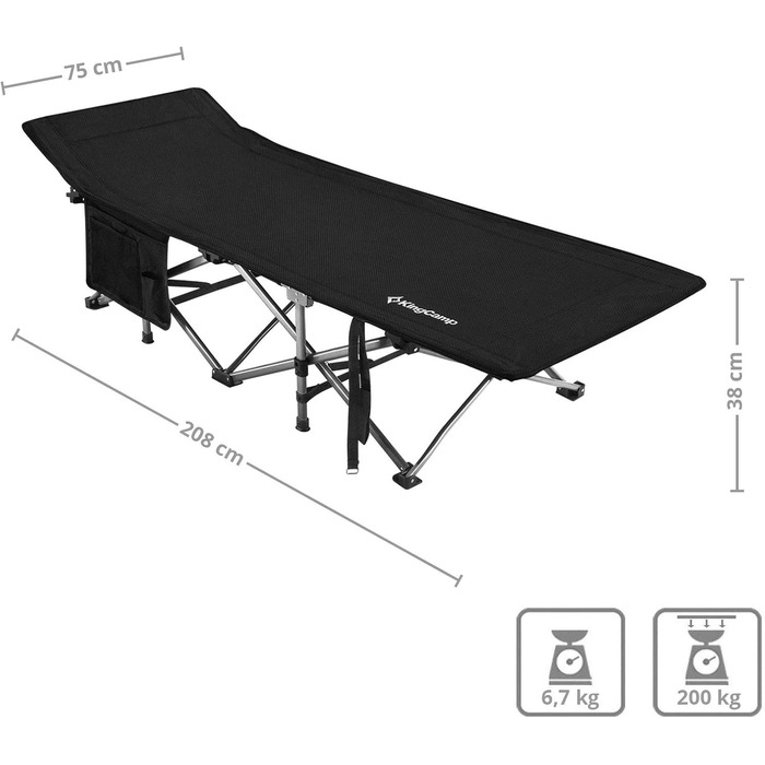 Розкладне ліжко для кемпінгу KingCamp XL, сталеве, 208x75 см, до 200 кг