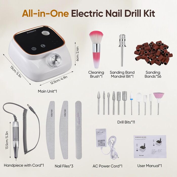 Електрична машинка для манікюру та педикюру з LCD-дисплеєм, 45000 об/хв, 56 шліфувальних стрічок, 11 свердл, USB-станція зарядки