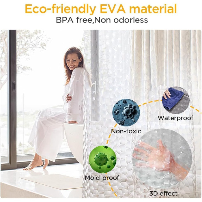 Шторка для душу AiQInu 180x200 см, 3D Eva, прозора, антигрибкова, водовідштовхувальна, для ванної кімнати, з 12 гачками