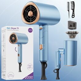 Складаний фен з іонізацією 2000 Вт, професійний, швидко сушильний, 2 швидкості, 3 режими нагріву, холодний струмінь, дифузор, концентратор, гребінці для укладки, для чоловіків та жінок, у подорожі