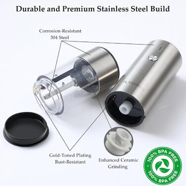 TLYSXPRO Electric Salt and Pepper Grinder Set of 2, USB Rechargeable, Adjustable Coarseness Spice Grinder, Electric Pepper Grinder with LED Light, Cleaning Brush, Kitchen Appliances, Stainless Steel