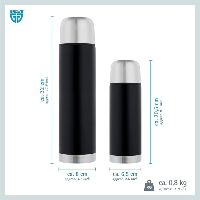 Термос GRÄWE з нержавіючої сталі, 1 л / 350 мл, чорний, з чашкою, для подорожей, ізольований, миється в посудомийній машині