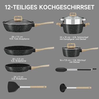 Набір посуду HOMELUX Induktion: 12 предметів, алюміній, антипригарне покриття, з кришками, без PFOA/PFOS, чорний