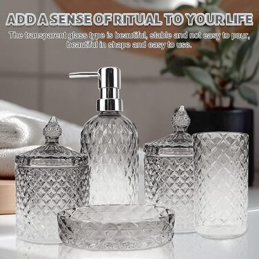 Набір аксесуарів для ванної кімнати зі скла (5 шт.) - чорний: мильниця, диспенсер для мила, тримач для зубних щіток, контейнер для ватних паличок, стакан