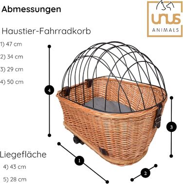 Кошик для велосипеда UNUS для собак, сірий: міцний плетений кошик з гратами та подушкою для багажника велосипеда