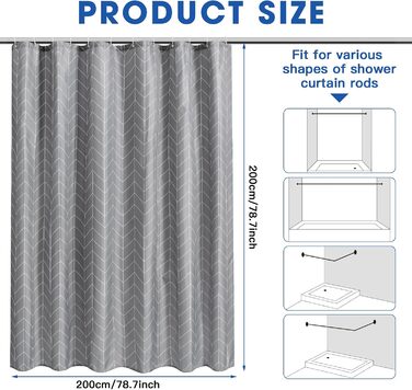Штора для душу сіра водовідштовхувальна, миється, 180-300 см, широка, 200 см, з принтом крапель, з вантажами, сіра, антигрибкова, з поліестеру (H200 x B200 см, 1 шт.)