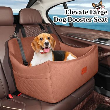 Wooaidagg Large Dog Car Seat - Memory Foam Bed for Medium & Large Dogs, Washable & Detachable, Includes 2 Leashes (Brown)