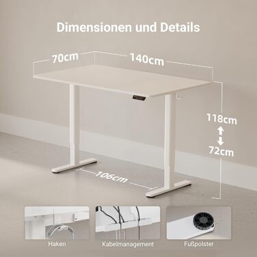 Claiks Electric Height Adjustable Desk 140x70cm - Standing Desk with Cable Management & Memory Function | White Top | Ergonomic Design for Home Office