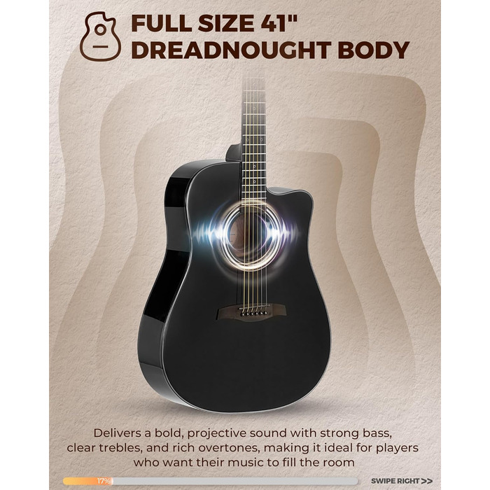 Акустична гітара Fesley X Kit FD60C, 41 дюйм, 6 струн, чорний колір, для початківців, з аксесуарами
