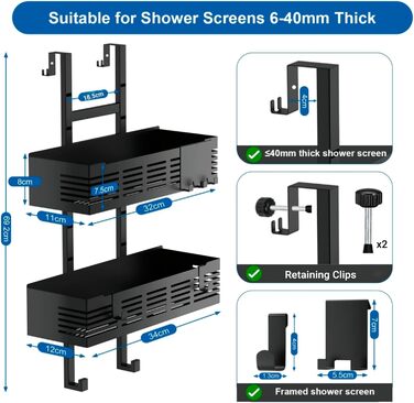 Поличка для душу AIGOCITY без свердління, чорна, для скляних душових кабін, з 3 гачками, регульована висота, для шампуню та гелю для душу