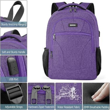 Рюкзак BIKROD для чоловіків та жінок, шкільний рюкзак для хлопчиків та дівчаток-підлітків, 15.6 дюймів для ноутбука, робочий, для подорожей, кемпінгу, роботи, 15.6' (фіолетовий)