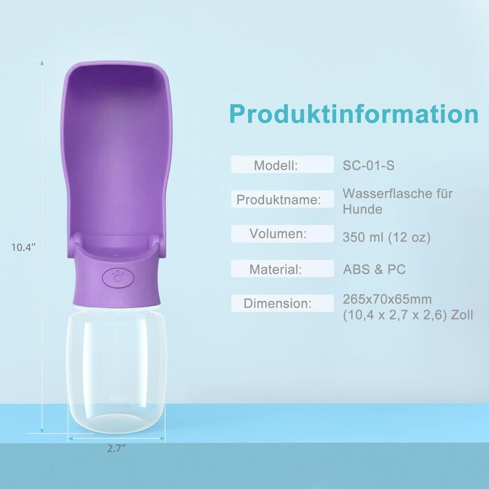 Водяна пляшка для собак на прогулянку 350мл/570мл. Водяна пляшка для цуценят, маленьких, середніх та великих собак. Зручна водяна пляшка для собак, щоб пити в дорозі (Lila)