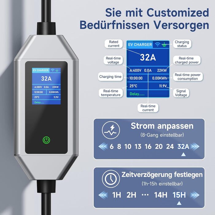 Кабель для зарядки електромобіля Type 2 Schuko 3.68kW 6м, 16A, з цифровим дисплеєм та таймером
