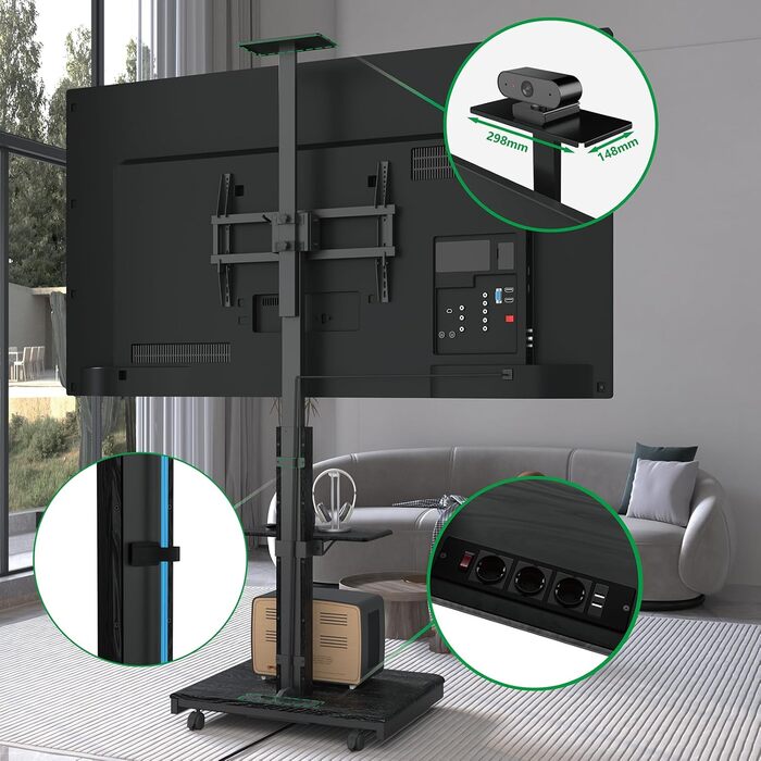 Моторний підставка для телевізора XTRARM Elite: регулювання висоти, VESA 600x400, максимальне навантаження 60 кг, з полицями та стійкою для кабелів (Білий/Чорний)