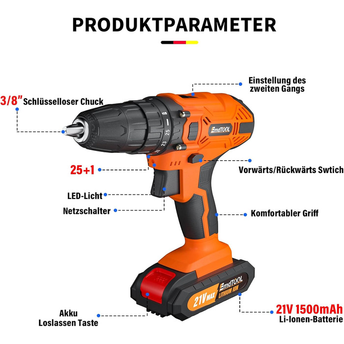 Акумуляторний шуруповерт-дрель 21V з набором аксесуарів для дому та саду (2 батареї, 45Nm, 25+1 ступнів, 2 швидкості)
