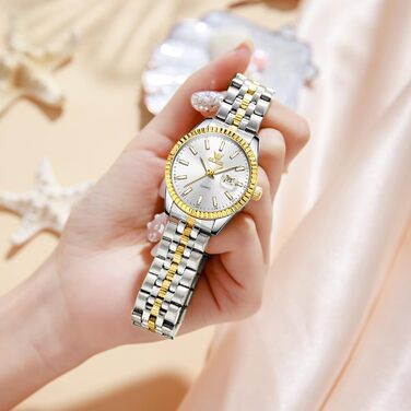 Годинник жіночий OLEVS на даний момент з нержавіючої сталі, кварцовий, аналоговий, з датою, водонепроникний, білий циферблат, двоколірний браслет, подарунок для жінок (5593)