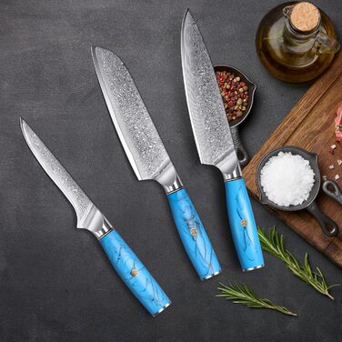 Ніж Kiritsuke Kochmesser Damast від Home Safety: професійний кухонний ніж з лезом 18.8 см з 67 шарів VG-10 Damaststahl, ергономічна ручка з натуральної смоли, подарункова коробка (3 шт)