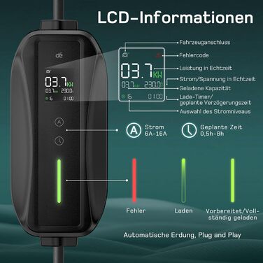 Кабель зарядки Schuko 3.68kW для електромобілів, 6м, 6-16A з цифровим дисплеєм