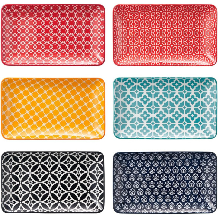 DOWAN Сервірна таця 6-ти місна - Bone China, прямокутна, 20.5 см - для закусок, суші, фруктів, салату, десерту. Можливе використання в мікрохвильовій печі, духовці, миєвій машині. Багатобарвна