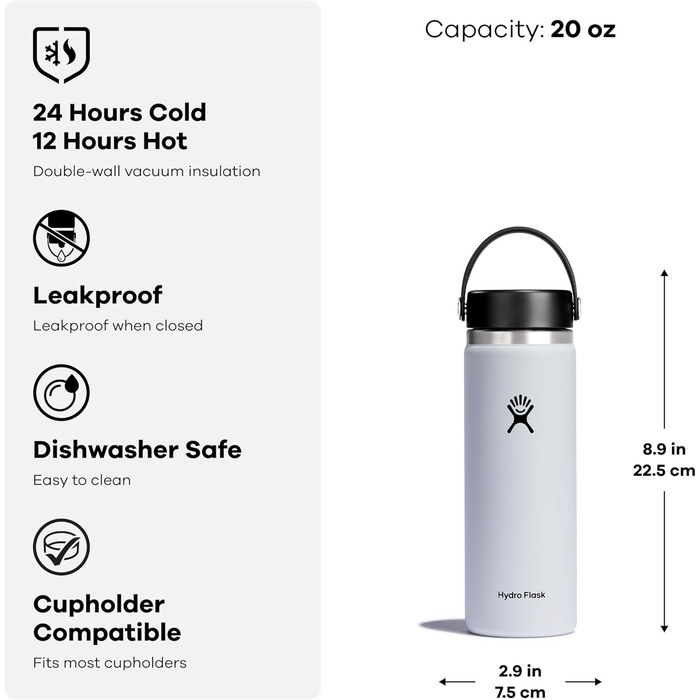 HYDRO FLASK - 1180ml (40oz) Water Bottle - Insulated Stainless Steel Water Bottle - Sports Bottle with Leak-Proof Flex Cap Lid & Strap - Dishwasher Safe Thermos Bottle - Wide Mouth Opening - (590 ml, Douglas Fir Green)