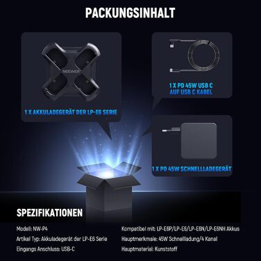 Набір акумуляторів NEEWER LP-E6NH (3 шт.) 2250mAh та зарядний пристрій USB з трьома слотами для Canon EOS R7, R5, R6, R6 II, R 5DIV, 6DII, 7DII, 80D, 90D (NW-P4 з PD 45W)