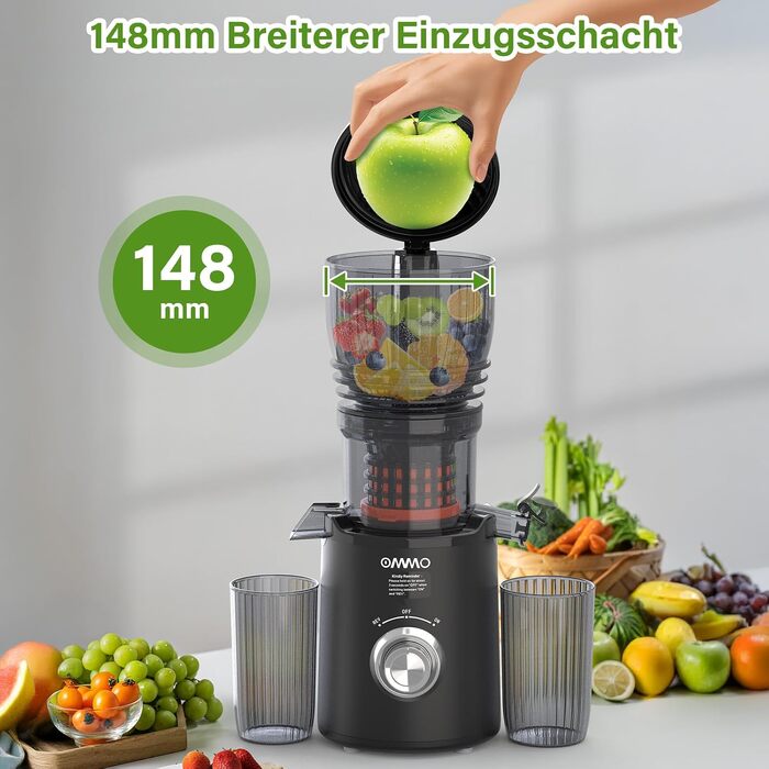 Шнекова соковижималка OMMO Slow Juicer для овочів та фруктів, 300 Вт, чорна