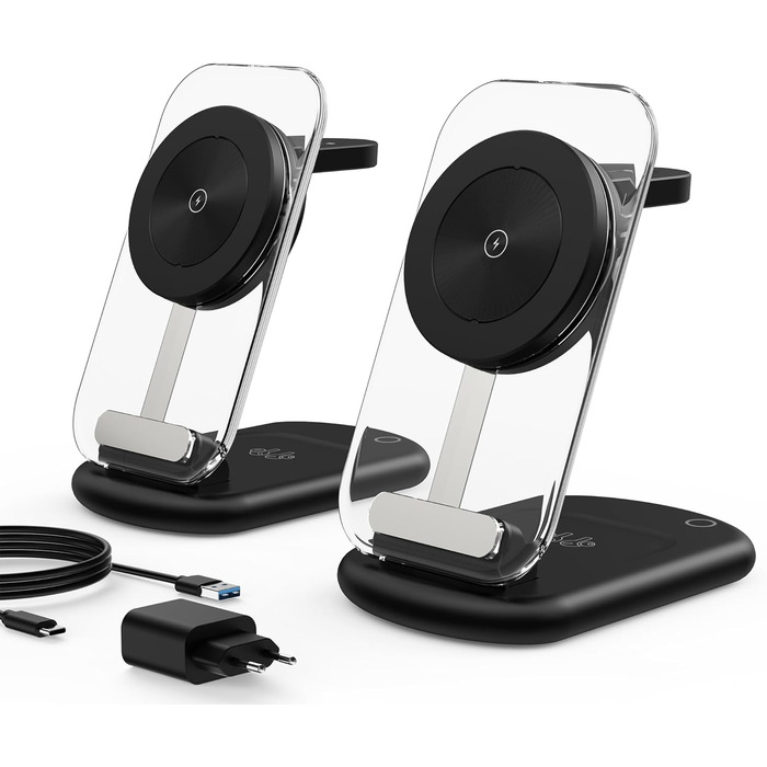 Зарядний пристрій MagSafe 3-в-1 для iPhone 17/16/15/14/13/12 Pro Max/Air/Plus/Pro та Apple Watch 10/9, AirPods 3/2/Pro (Чорний, 2 шт.)