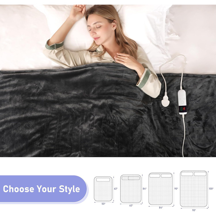 Електрична ковдра Qieryun з автовимкненням, 130x180 см, 10 температурних режимів, таймер 8 годин, захист від перегріву, флісова, для дому та офісу, темно-сіра