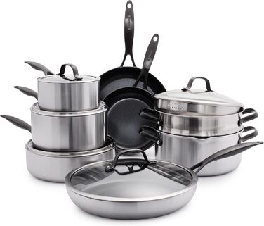Набір сковорідок GreenPan Venice Pro Noir 26см та 30см, нержавіюча сталь, антипригарне покриття Ceramic, чорний, без PFAS, для індукційних плит, можна мити в посудомийній машині, термостійкий, срібний, 13 предметів
