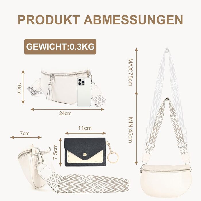 Жіноча сумка через плече з широким ремінцем, бананка з натуральної шкіри, стильна з багатьма відділеннями для карток, кросбоді, гаманець жіночий (білий)