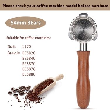 Бездонний портафільтр 54мм з Puck Screen для еспресо-машин Sage/Breville Barista 870/878/880, з фільтром для кавового піка, ручка з кислого дерева та нержавіючої сталі, 3-вушковий