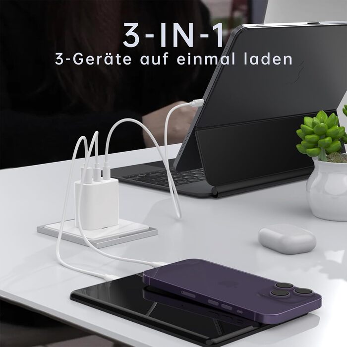 Зарядний пристрій USB-C 65W 3-порти, мережевий адаптер PD для MacBook Pro/Air, iPhone 16/15/14/13, iPad, Samsung S24, Pixel (Білий)